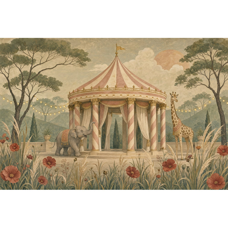 Papier peint animaux de style rétro avec motif de pavillon de cirque, 120 po x 96 po, Texturé non collé