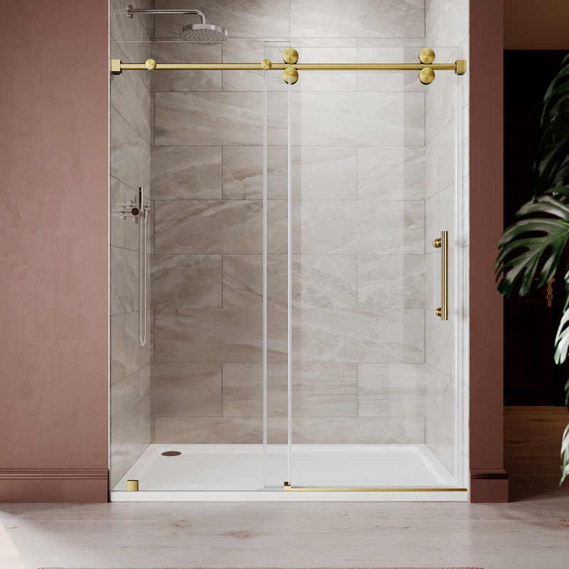 Porte de douche coulissante simple sans cadre de 61 à 65 po x H 76 po, Or
