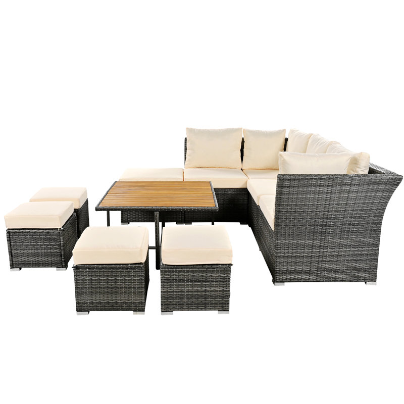 Ensemble de mobilier de patio, ensemble de conversation d'extérieur 10 pièces, table basse avec repose-pieds, table basse en bois massif