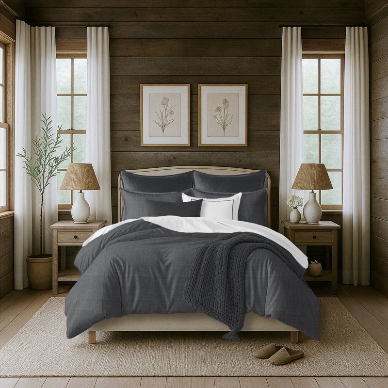 Ensemble d'édredon 5 pièces Bedford, Édredon grand + 2 taies décoratives + 2 coussins, Gris anthracite