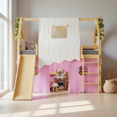 House Loft Bed With Sills And Tents, Solid Wood Loft Bed With Ladders And Slide, Chic Design With Lights, No Box Spring Needed