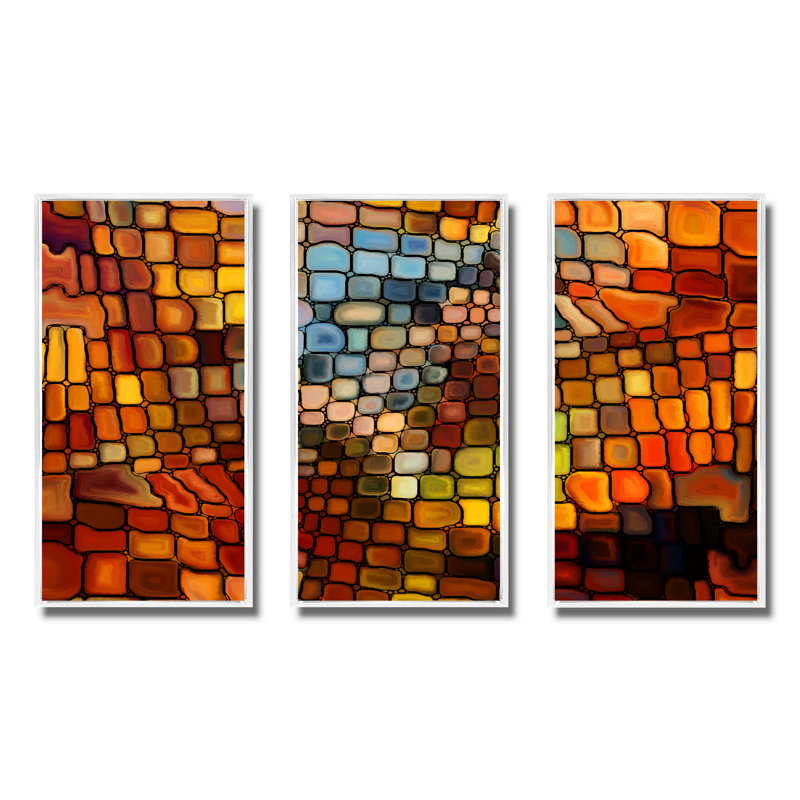 Rêve de vitrail - ensemble de 3 reproductions d'art encadrées abstraites sur toile, H 28 po x l 36 po, Blanc