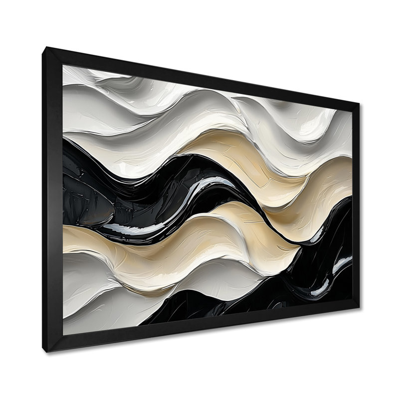 Vagues parallèles de noir et de crème Fusions II - réalisme abstrait, art mural, H 30 po x l 40 po, Cadre simple, Noir