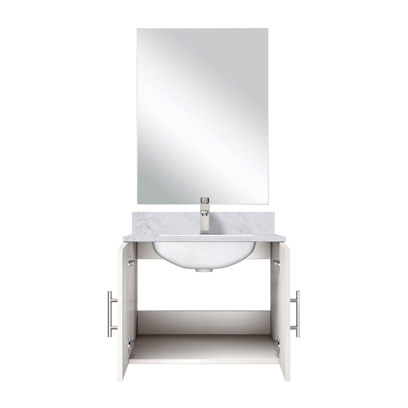 Meuble-lavabo simple 24 po X P 22 po D, comptoir de Carrare, 18 po Ensemble miroir et robinet, Blanc, 24"