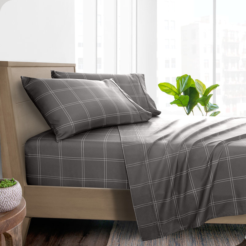Twin XL Grey and White Plaid Microfiber Sheet Set