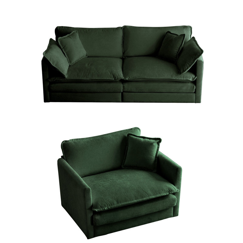 Ensemble de canapé-lit 2 pièces 2 pièces avec causeuse et canapé simple avec cadre en bois massif, Vert