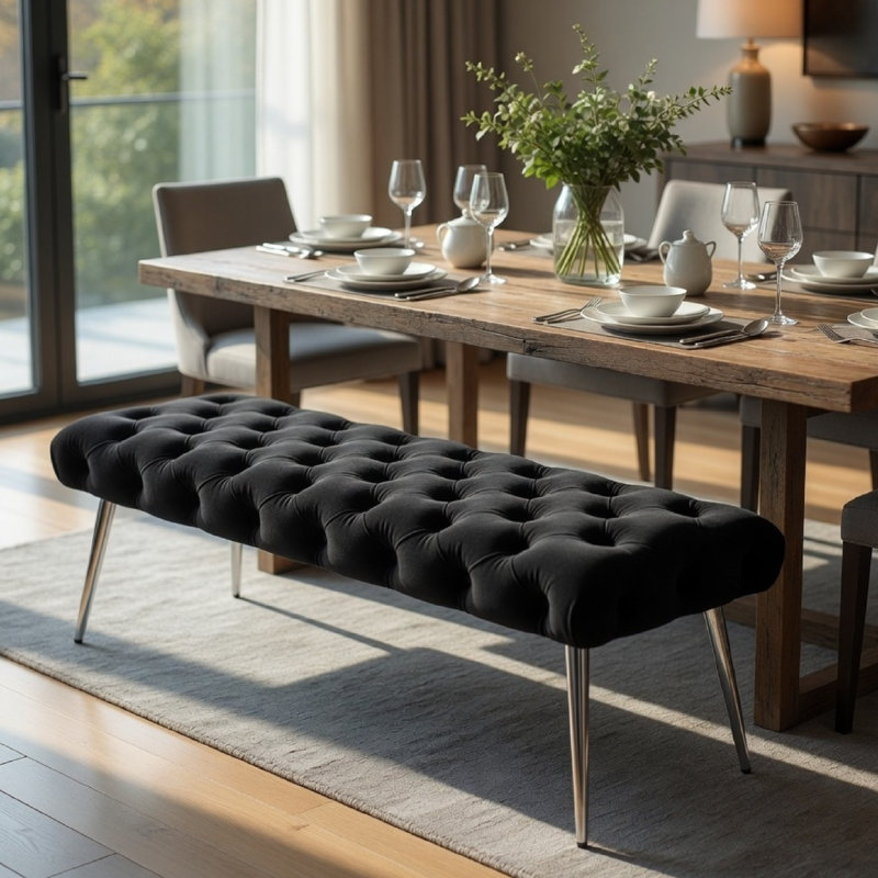 Banc Lila, siège en mousse, velours noir capitonné, pieds chromés 47 po, Noir