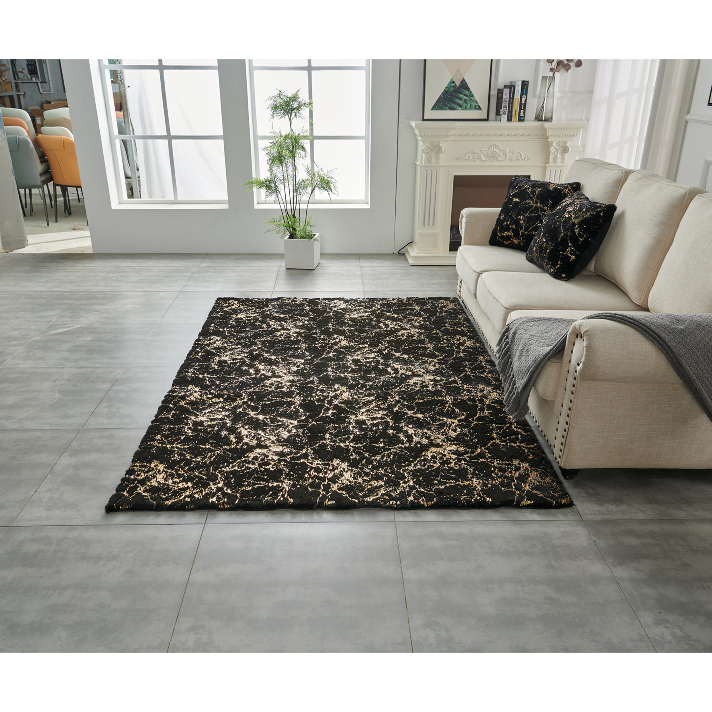Posh Rugs LALA & WONZ Posh Machine-Washable Black Abstract Gold-Accented ...