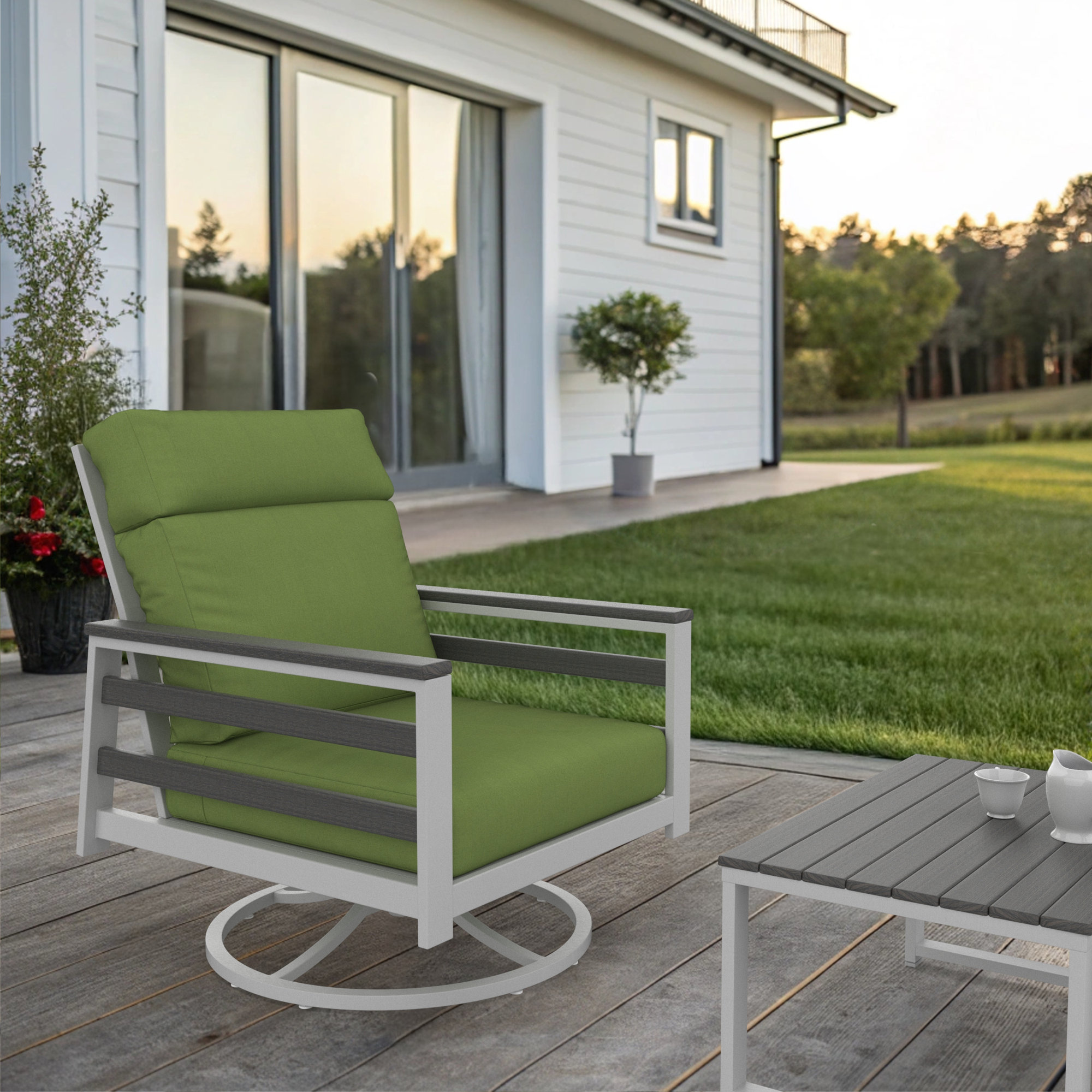 Townsend Metal Outdoor Rocking Chair With Sunbrella Cushion, Gray/White, Spectrum Cilantro