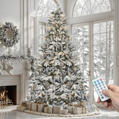 7.5 FT Pre-Lit Flocked Christmas Tree with 1687 PE & PVC Mixed Branch Tips, Remote Controlled Artificial Hinged Canaan Fir Christmas Tree w/ 330 Lights for Home Office Holiday Decor