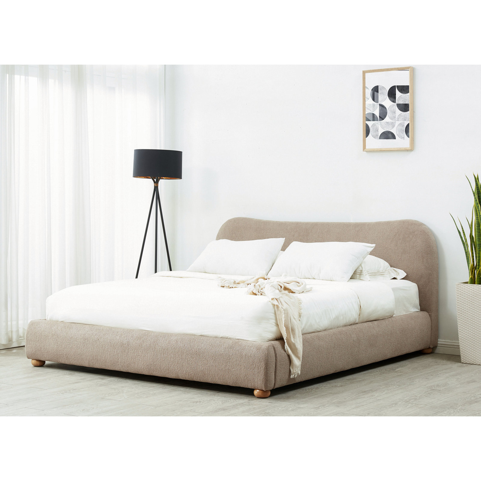 Liza Upholstered Bed, King, Light Brown Boucle