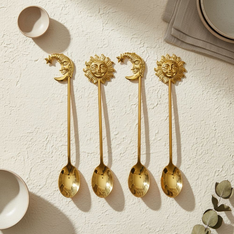 Sun and Moon Teaspoon Set of 4, Gold 304 Stainless Steel Tea Spoons with Sculpted Celestial Handles