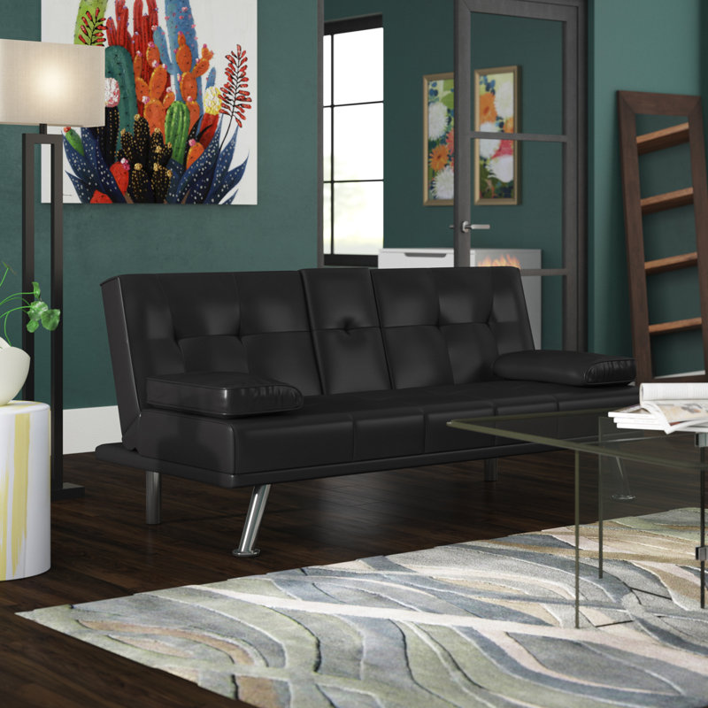 Barringer Twin 66'' Upholstered Convertible Sofa, Black Faux Leather