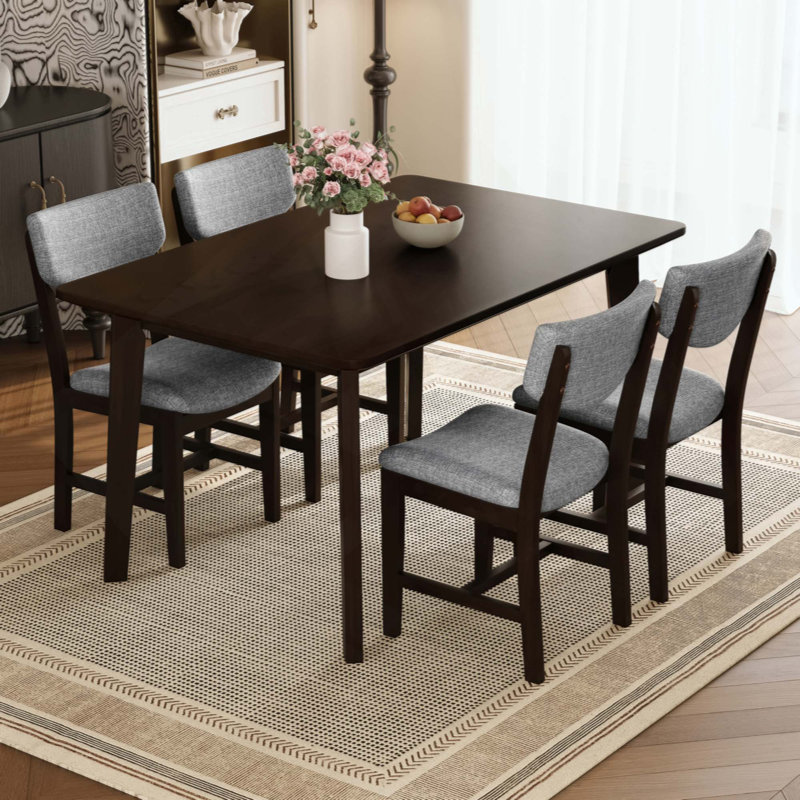 Ensemble de salle à manger rustique 5 pièces - 1 table en bois massif + 4 chaises rembourrées, mobilier de style campagnard pour la cuisine et la salle à manger, ensemble de salle à manger minimaliste pour 4