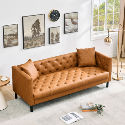 81" Mid Century Modern Leather Sofa, 3 Seater Chesterfield Couch with Button Tufted Back & Deep Seat