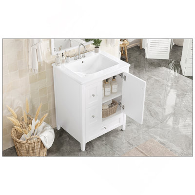 De salle de bain de 24 po avec rangement, tablette réglable, panneau de fibres à densité moyenne et bois d'hévéa, cloisons amovibles, finition blanc brillant