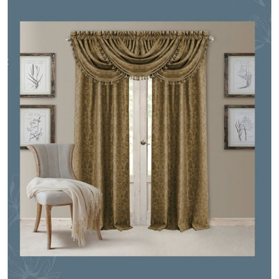 Floral Damask Waterfall Window Valance With Tassels, 52"X36", Antique Gold