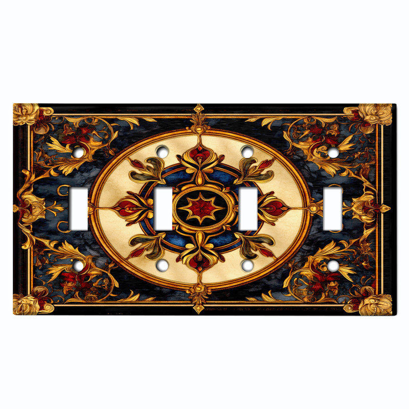 Plaque d'interrupteur en métal ; interrupteur à bascule 4 voies, taille standard américaine ; motif mandala en vitrail imprimé