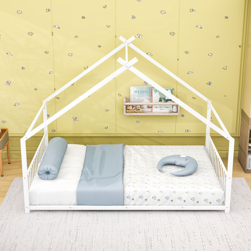 Charming House-Inspired Metal House Bed With Slats, Full, White