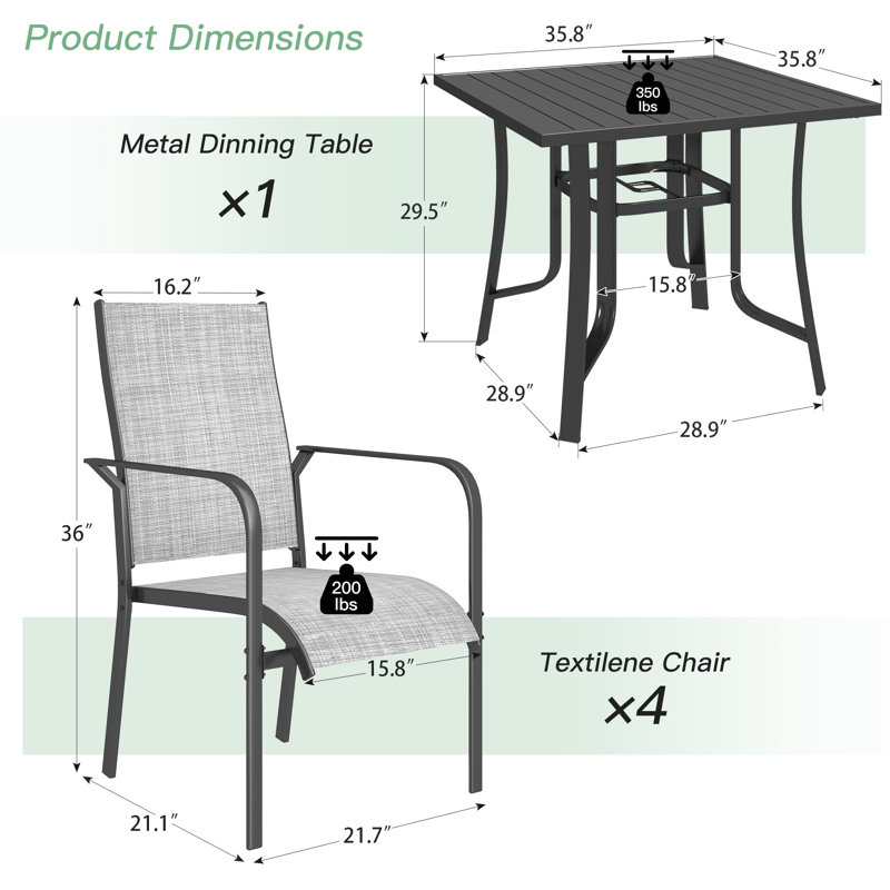 5 Piece Patio Dining Set, Outdoor Dining Table And Chairs Set For 4, 4 PVC-coated polyester Chairs, 1 Iron Square Table With Adjustable Umbrella Hole (1.57"-1.97"), Patio Furniture Set For Deck, Backyard, Lawn, Poolside,