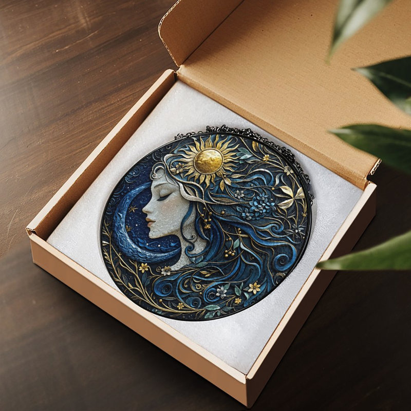 Femme, soleil et lune, fleurs, vitrail, panneaux de vitrail pour fenêtre, 7,8 x 7,8 po (20 x 20 cm)