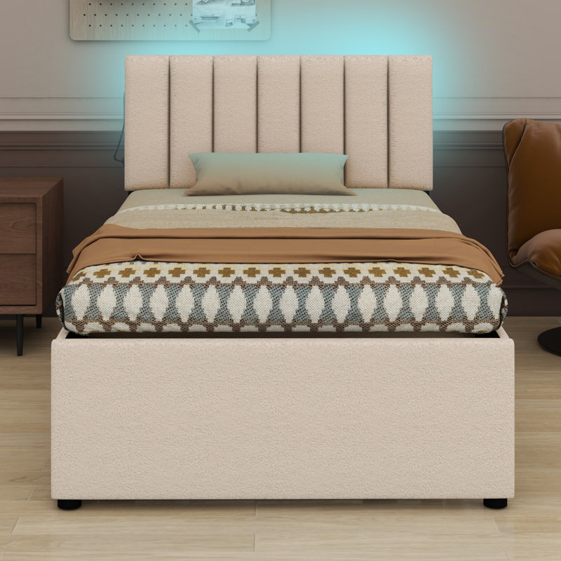 Upholstered Platform Bed With Trundle, Beige