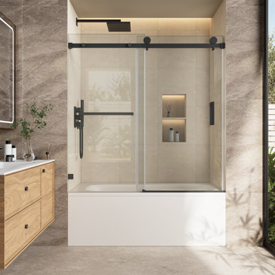Porte de douche coulissante simple de 57 po x l 61 po x H 60 po KAVRTON, porte de douche sans cadre en noir mat, verre trempé transparent de 3/8 po (10 mm) certifié par la GCCS avec barre à serviettes