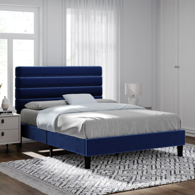 Bed frame with headboard, platform bed frame with velvet upholstered headboard and channel design