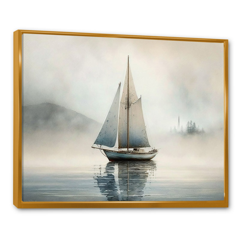 Bateau sur le lac I - décoration murale bateau côtier, H 30 po x l 40 po x P 1,5 po, Cadre flottant doré