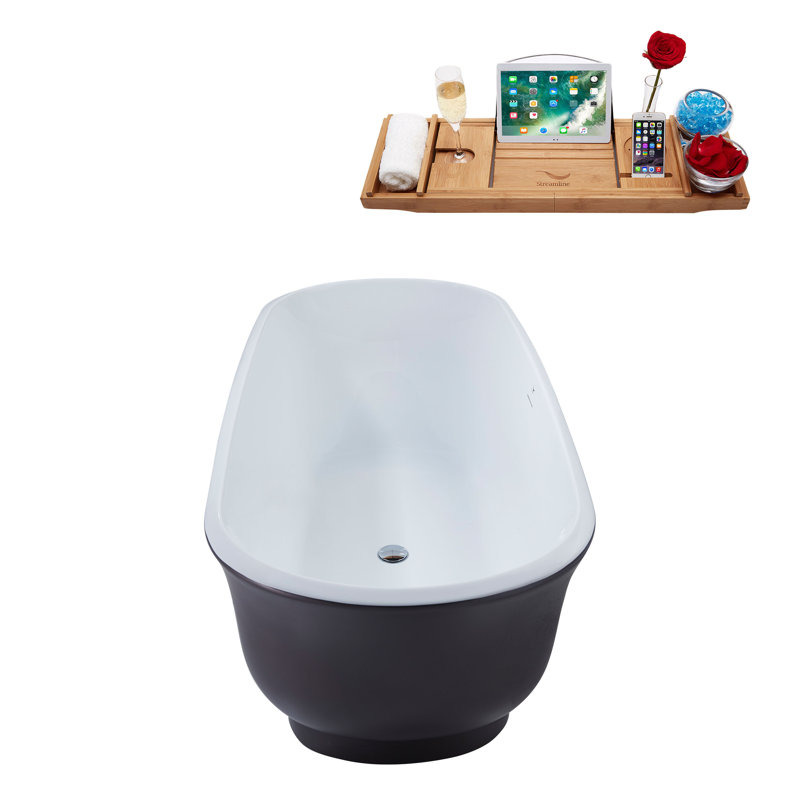 Baignoire de trempage autoportante en acrylique 59 "avec drain et plateau en bambou 59" Streamline, Chrome poli