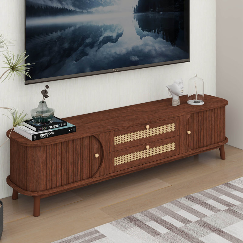 Rattan TV Stand For Tvs Up To 75", Entertainment Center With Solid Wood Legs, Natural Wood/Brown
