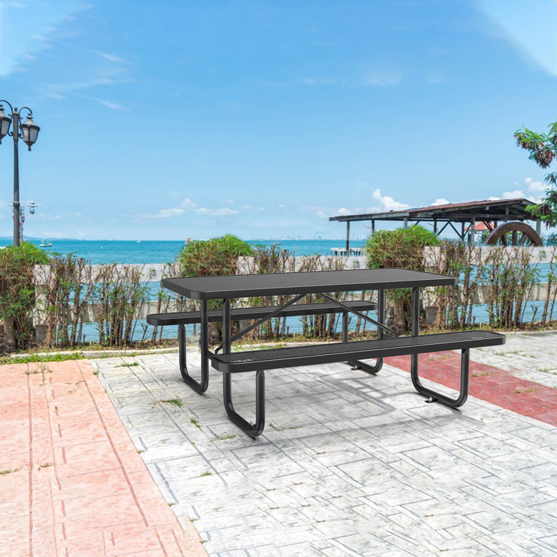 Clarenc Rectangular Metal Outdoor Picnic Table, Black, 62" D x 72" W x 29.5" H
