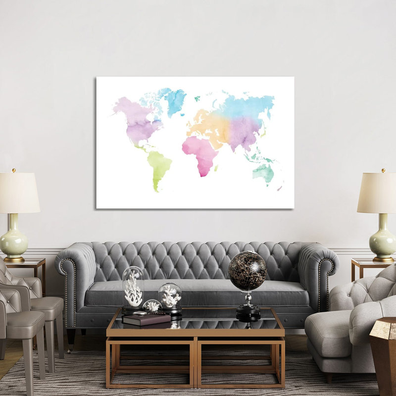 Watercolor World Map - Vivid Colors par Nouveau Prints - Giclée sur toile tendue avec châssis, H 40 po x l 60 po x P 1,5 po