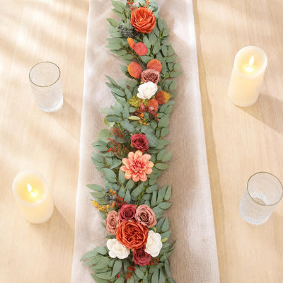 6FT Artificial Eucalyptus Garland with Dahlia, Roses and Willow Leaves, Burnt Orange Terracotta Faux Floral Garland for Wedding Arch, Table Decor, Wedding Centerpieces, Bridal Shower, Fall Decor