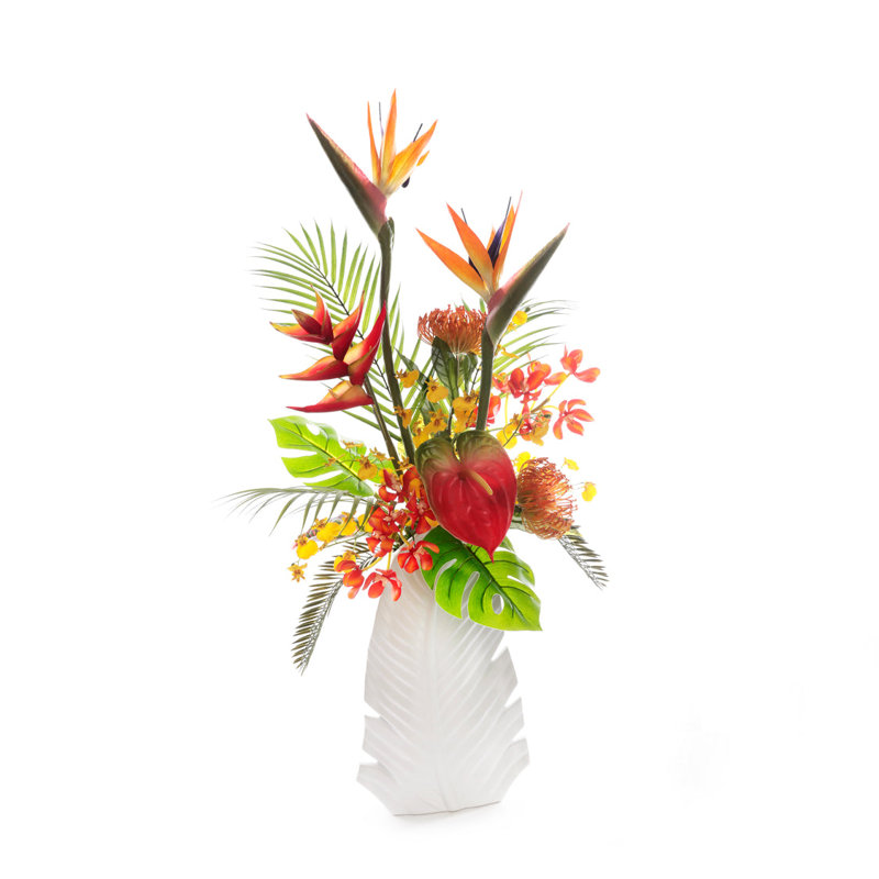 Tropical Flower Arrangement in White Leaf Vase