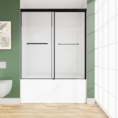 Porte de douche coulissante en verre semi-sans cadre Verre trempé transparent, noir mat