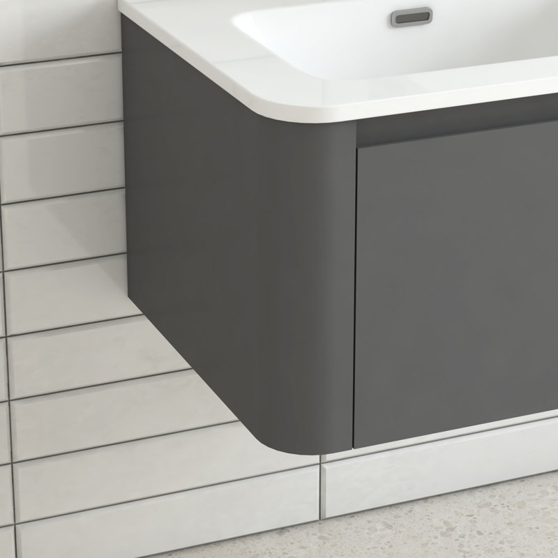 Meuble-lavabo gris avec dimensions de 24 pouces, conception flottante, lavabo en céramique blanche, poignée inclinée à 45 °, tiroir à fermeture en douceur, imperméable, rangement spacieux, style européen pour la salle de bain, petit idéal
