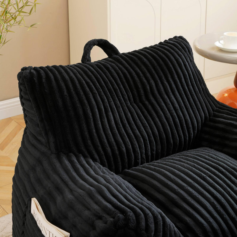 Comfy Lazy Bean Bag Chair with Armrests and Ottoman, Black Corduroy