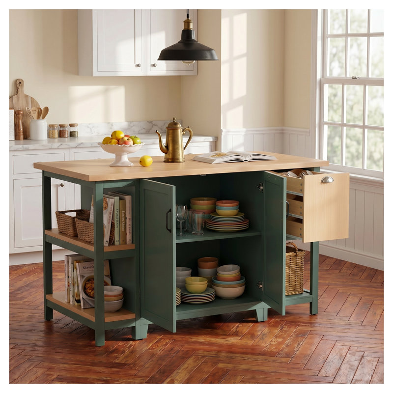 Îlot de cuisine autoportant de 147 cm (58 po) avec tiroirs et armoires, table de rangement bicolore verte et bois naturel pour salle à manger