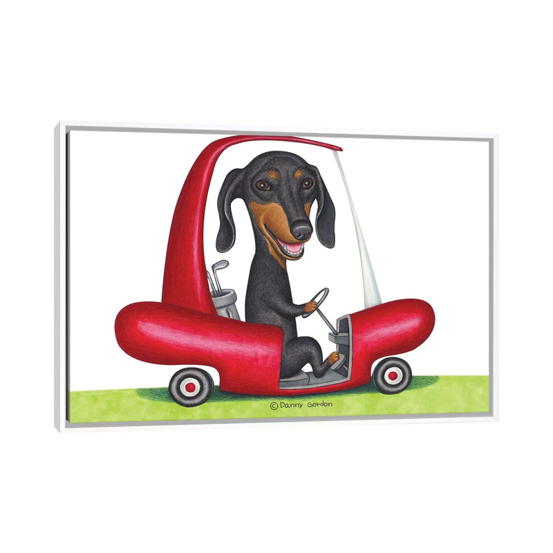 Black Dachshund In Golf Cart by Danny Gordon - Print on Canvas, 66.04 cm H x 45.72 cm W, White Floater Frame
