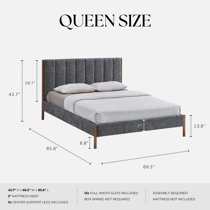 Upholstered Platform Bed, Queen, Gray