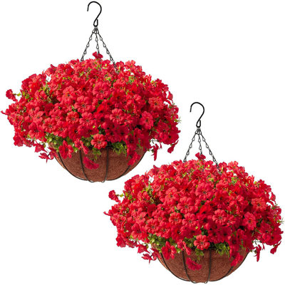 Patio-Ready Red Artificial Hanging Baskets (Set Of 2) – 24 Bundles Of Realistic Silk Flowers – Festive Christmas & Spring Porch Decor – UV Protected & Weatherproof Faux Planters