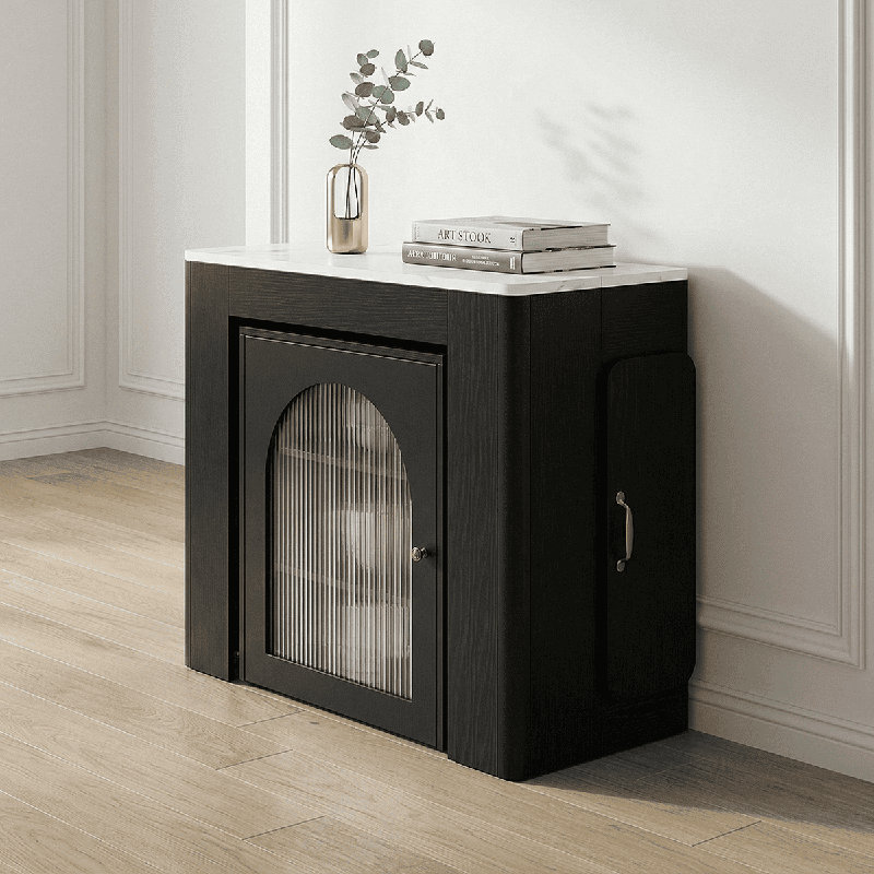 Convertible Dining & Island Table With LED Lighting And Charging Ports, Hidden Storage, Black/Marble