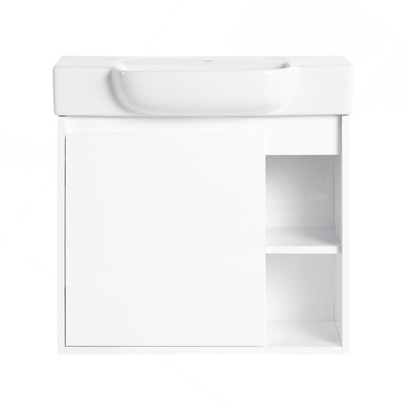 Meuble-lavabo mural 24 po avec lavabo en céramique blanche et porte à fermeture en douceur, blanc brillant, White