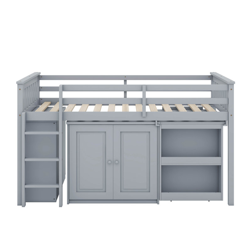 Lit mezzanine simple avec armoire de rangement, armoire à tiroirs et à tablettes et bureau coulissant, Gris