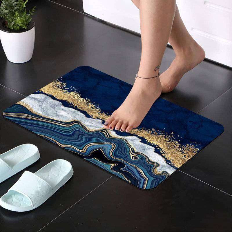 Tapis de salle de bain en terre de diatomées super absorbant, tapis de salle de bain en marbre bleu à séchage rapide, tapis de baignoire antidérapant ， Paillasson de cuisine simple et facile à nettoyer (carré 16 po x 24 po)