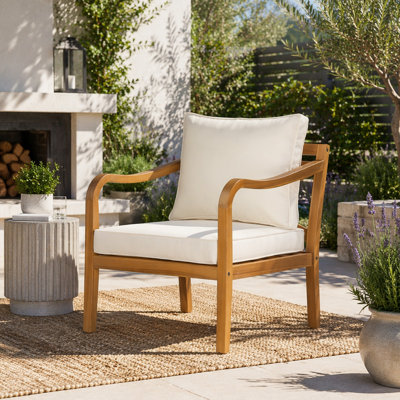 Fauteuil club de jardin en bois d'acacia, siège de 24 po de profondeur avec coussin moelleux, adapté aux porches, jardins, arrière-cours et balcons, ensemble 2 (finition teck + coussin beige)