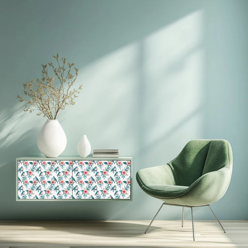 Seagreen and Pink Floral Bird 4x4 Vinyl Tile Stickers