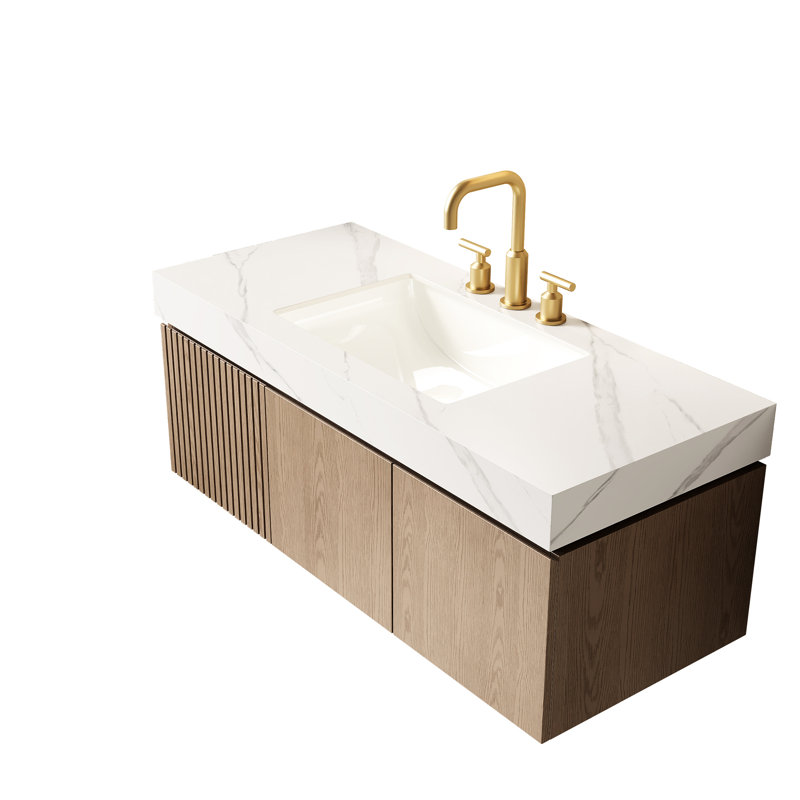 Meuble-lavabo de salle de bain de 122 cm (48 po), pierre frittée blanche, rangement flottant en contreplaqué, lavabo en céramique, 3 trous prépercés pour robinetterie, trou de trop-plein, meuble assemblé, tiroirs et portes de rangement, matériau résistant à l'eau