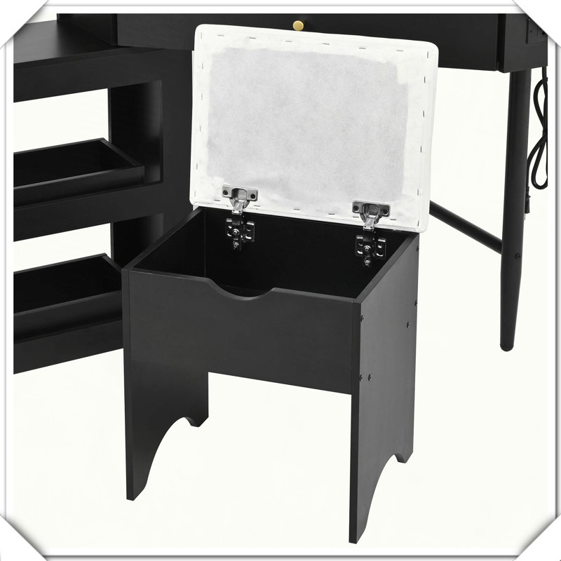 Corner Vanity Desk Storage Stool Charging Station Removable Cabinet Glass Top Practical Stylish, Black